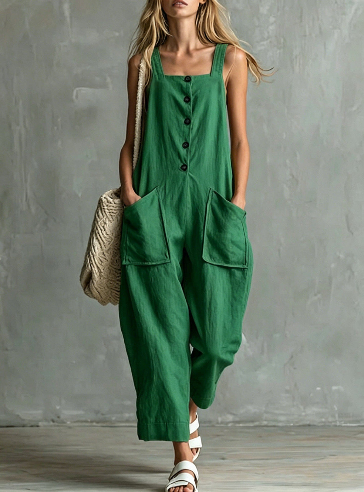 Loose Linen Square Neck Sleeveless Pocket Jumpsuit Casual Overall