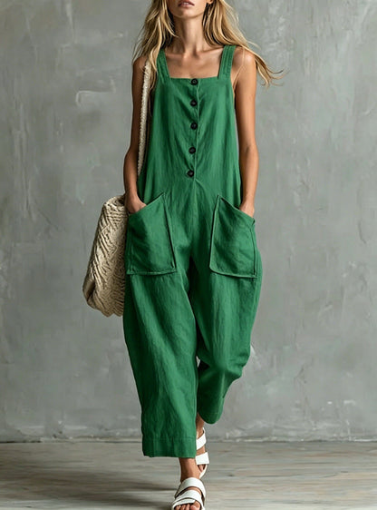 Loose Linen Square Neck Sleeveless Pocket Jumpsuit Casual Overall