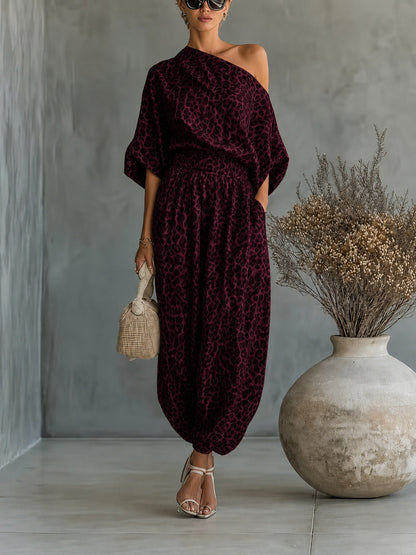 Leopard Print One Shoulder Batwing Top & Cuffed Harem Jogger 2 Piece Co-Ord Set