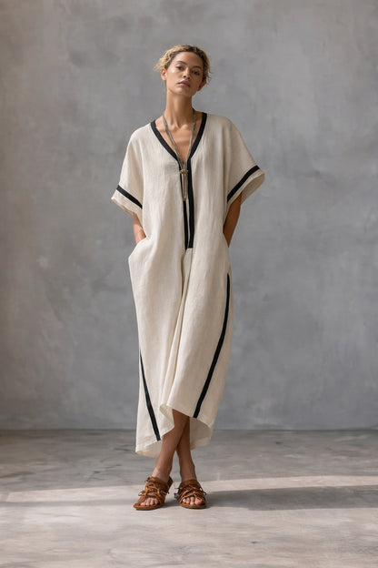 Robe caftan à col V en mélange de lin