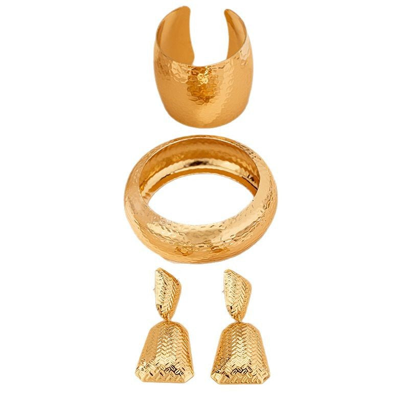 Hammered Textured Gold Jewelry 3-Piece Set | Drop Earrings + Wide Cuff Bangle + Dome Bracelet - T493