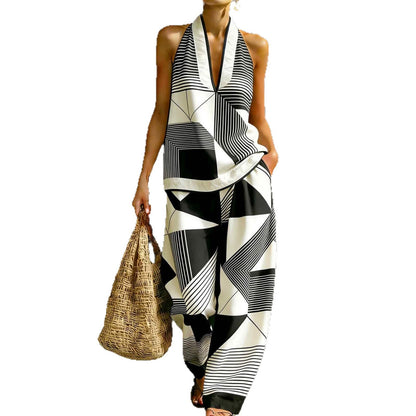 Geometric Print Halter V-Neck Sleeveless Top & Wide Leg Pants Two Piece Set