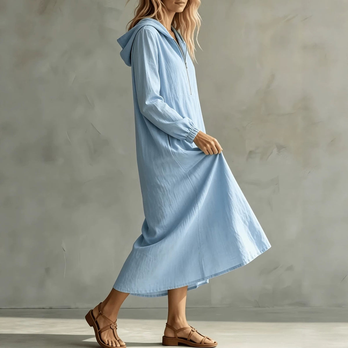 Hooded Zip-Neck Midi Dress