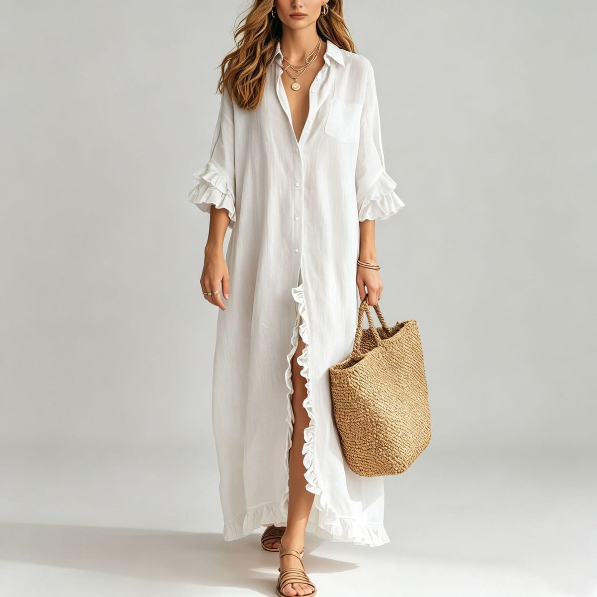 Linen Ruffle Trim 3/4 Sleeve Shirt Maxi Dress