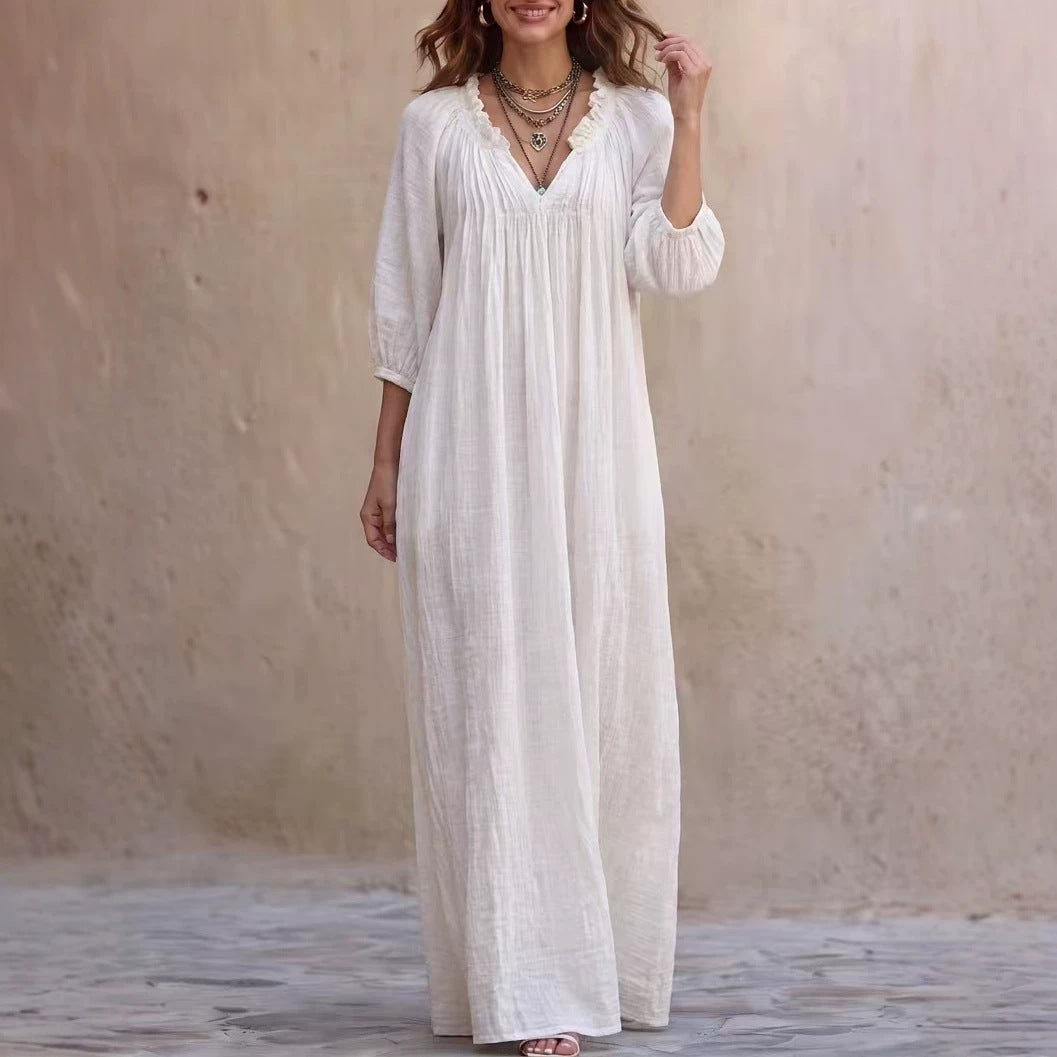 V‑Neck Ruffle Boho Maxi Dress Lantern 3/4 Sleeve Loose Casual Beach Cover‑up Caftan - White / XS