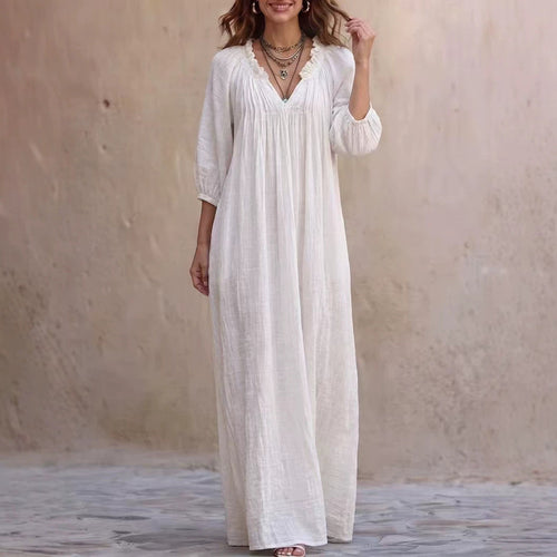 V‑Neck Ruffle Boho Maxi Dress Lantern 3/4 Sleeve Loose Casual Beach Cover‑up Caftan - White / XS
