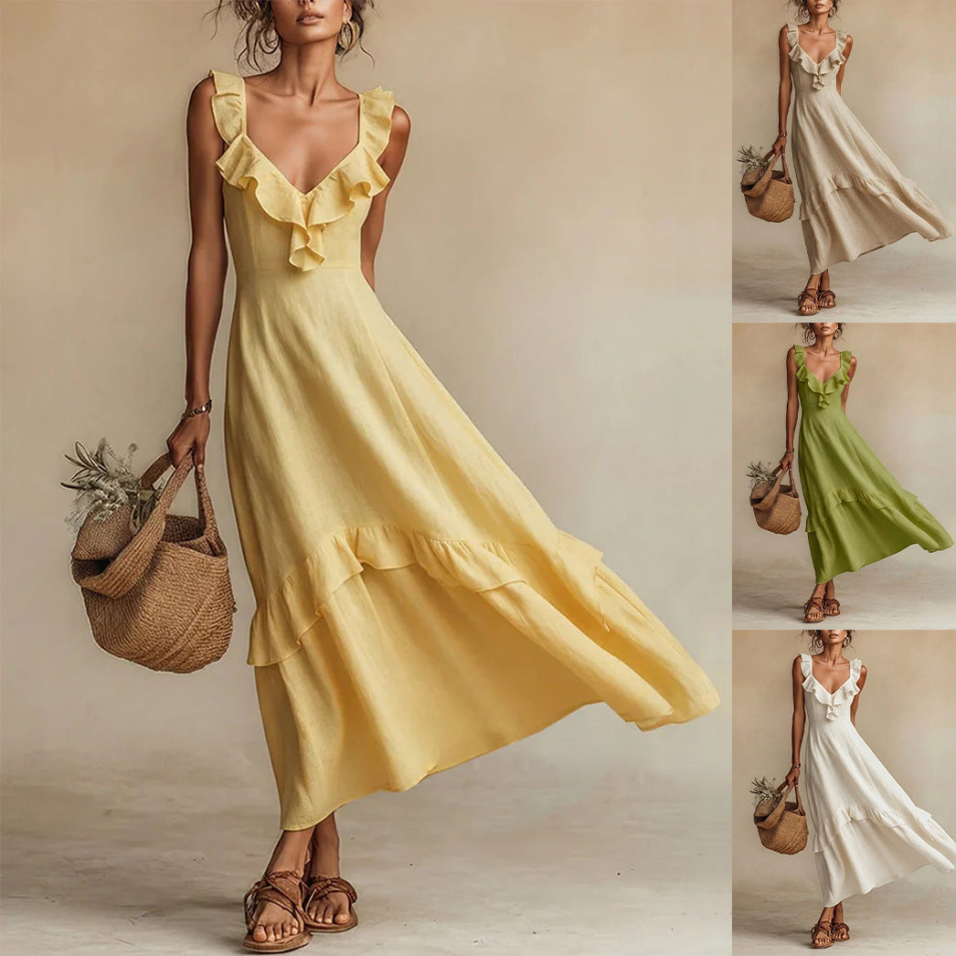 Robe longue maxi mélange lin à volants