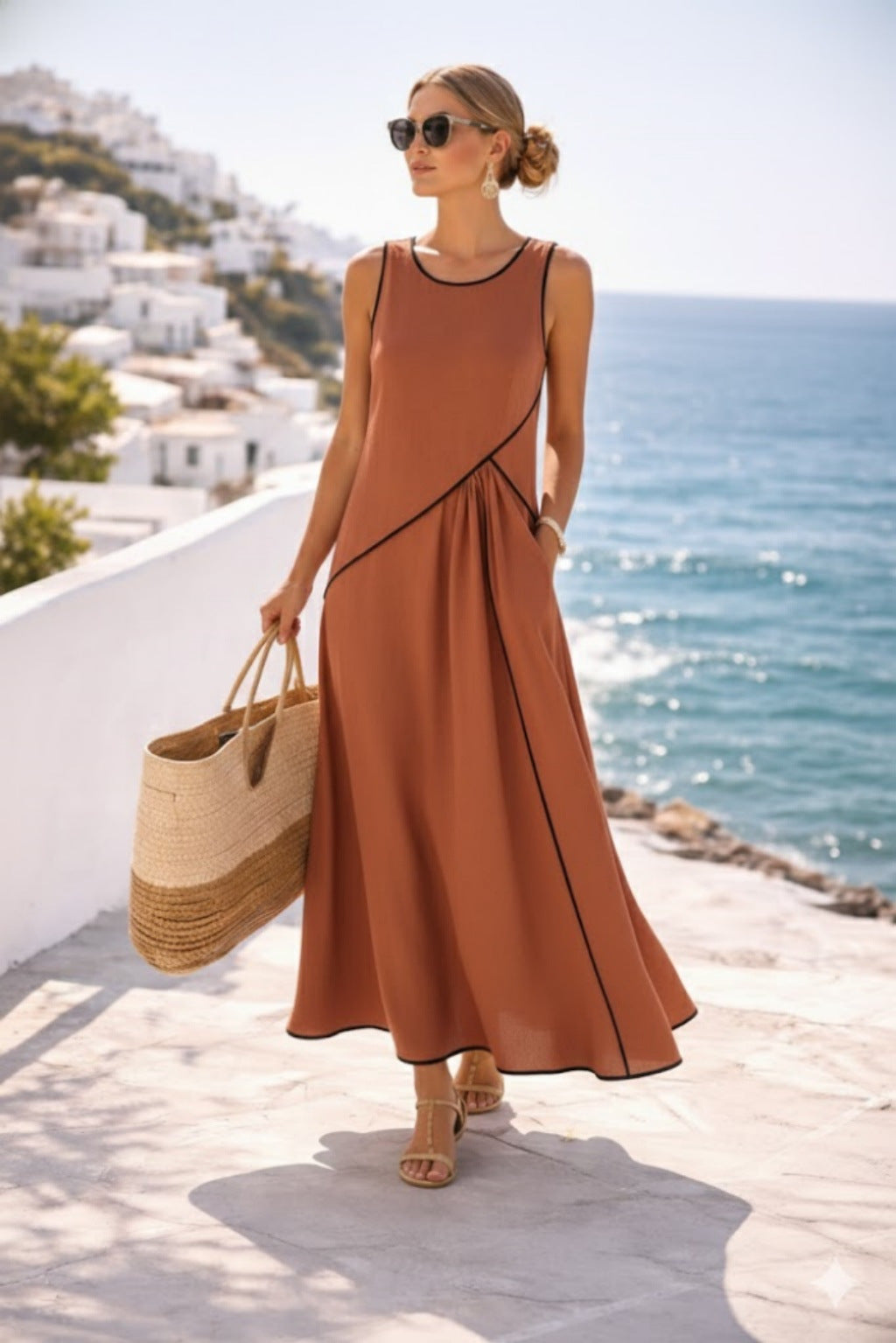 Contrast Piping Sleeveless A-Line Maxi Dress With Side Pockets
