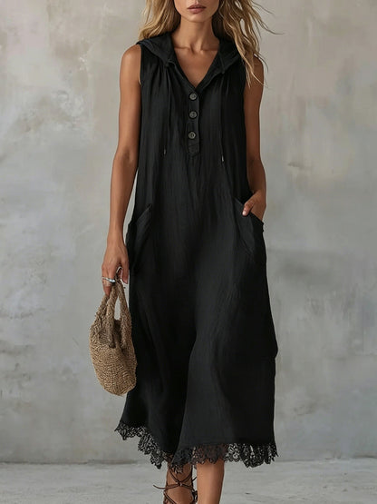 Sleeveless Collared Half Button Lace Hem Linen Midi Dress