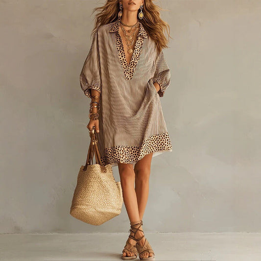 Striped Leopard Trim Loose Shirt Mini Dress
