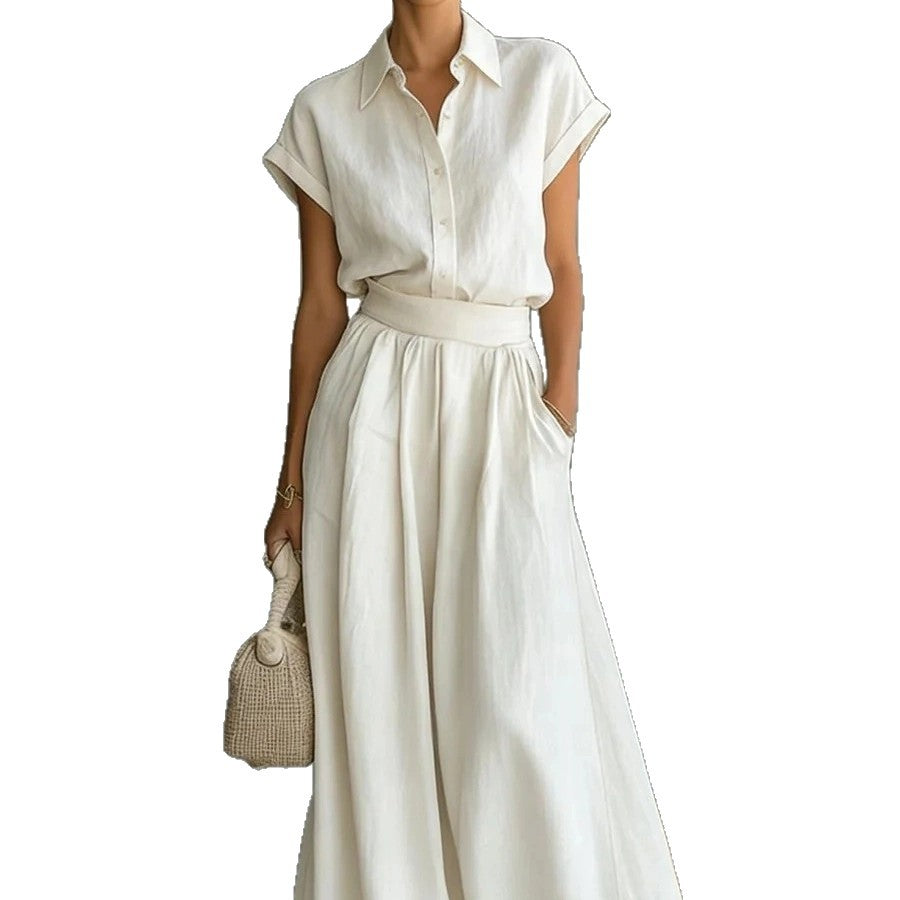 Spring And Summer Fashion Casual Solid Color Shirt Wide-Leg Pants Two-Piece Set