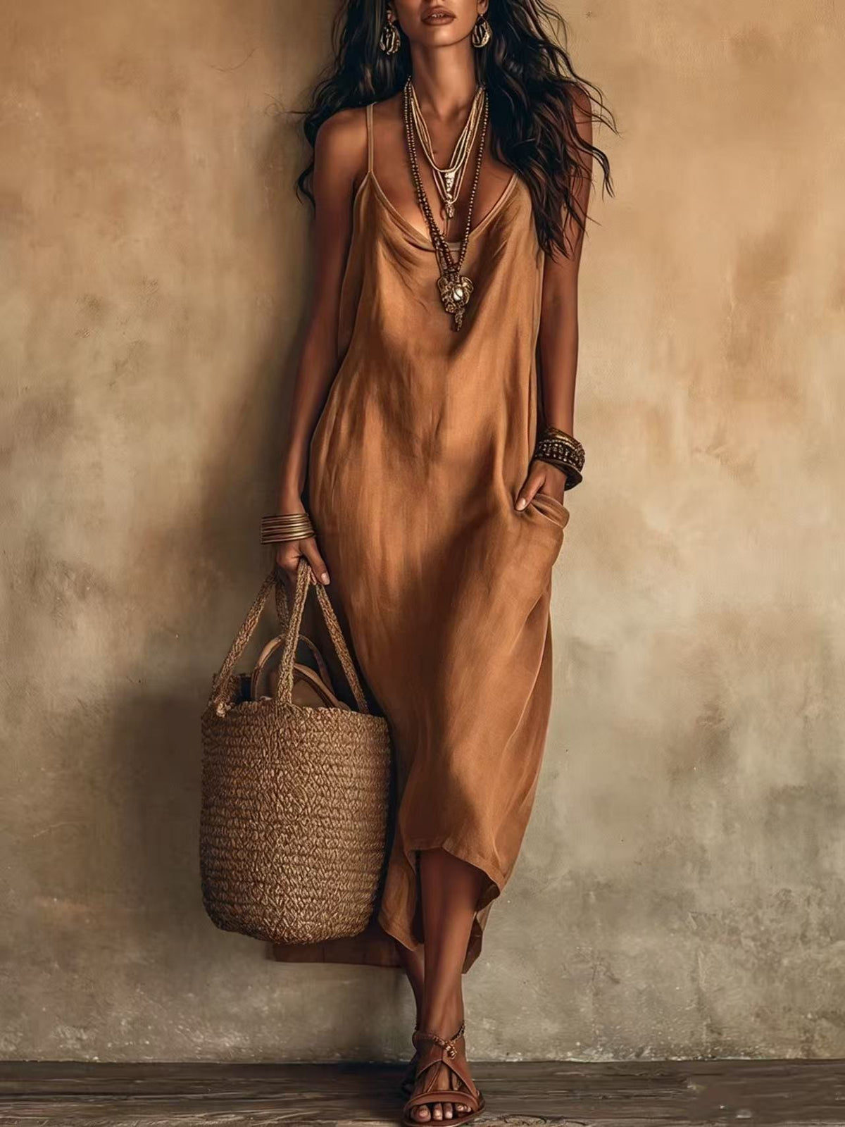 Boho Satin Cowl Neck Spaghetti Strap Midi Slip Dress with Side Pockets