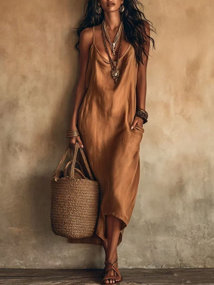 Boho Satin Cowl Neck Spaghetti Strap Midi Slip Dress with Side Pockets