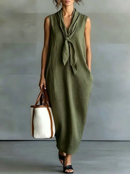 Natural Beige Linen Sleeveless Front Tie Knot Midi Shift Dress