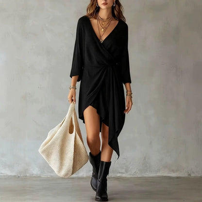 Cream Ribbed Knit Wrap‑Front Asymmetrical Mini Dress