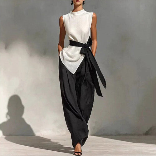 Ensemble deux‑pièces pour femme : haut sans manches à lacets à coloris contrastant + pantalon à jambes larges
