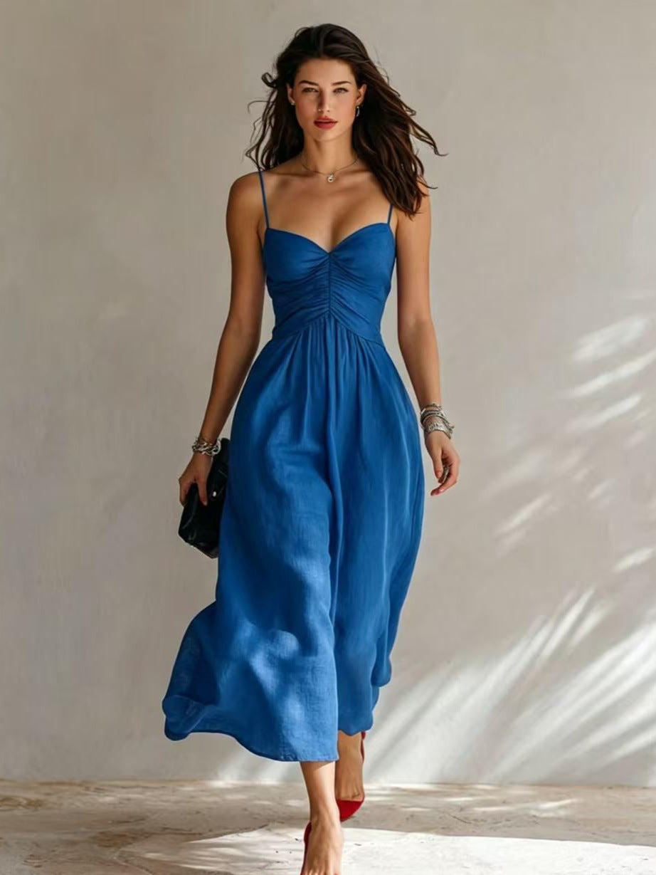 Linen Spaghetti Strap Sweetheart Ruched Bust Flowy Midi Dress