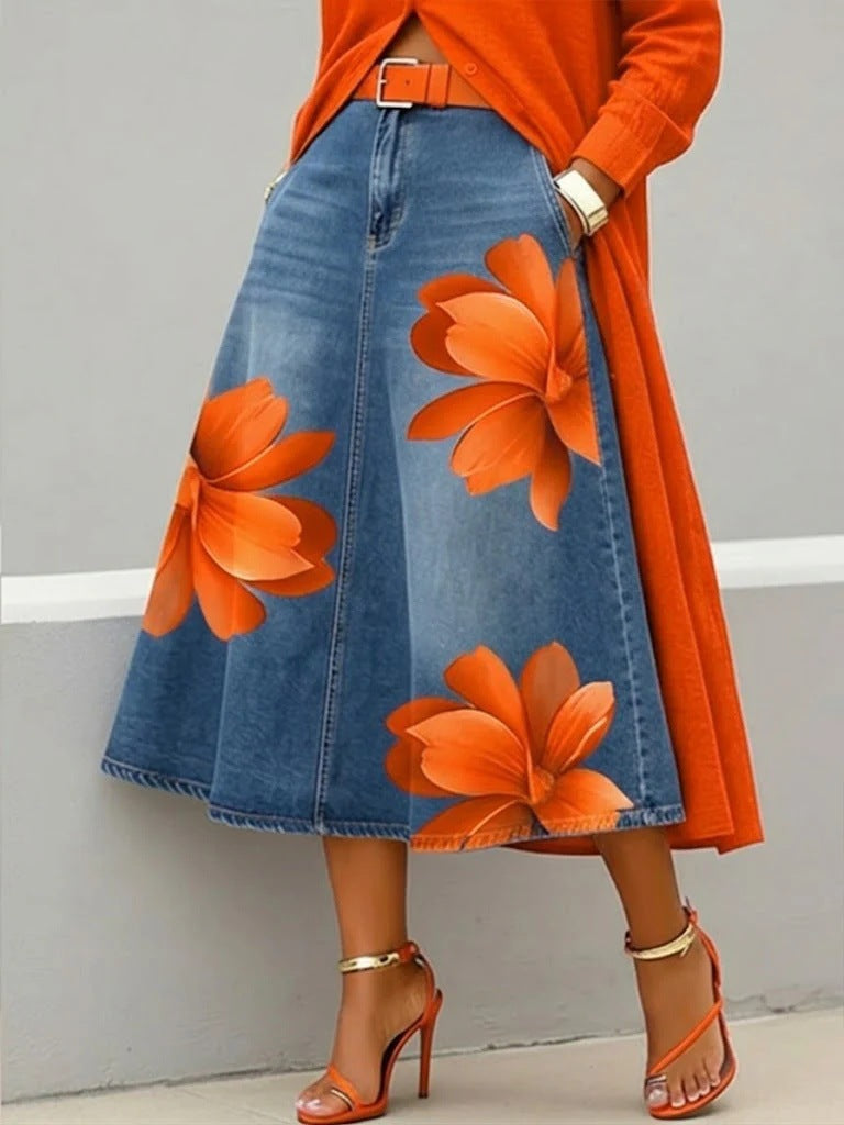 Floral Denim Midi Skirt