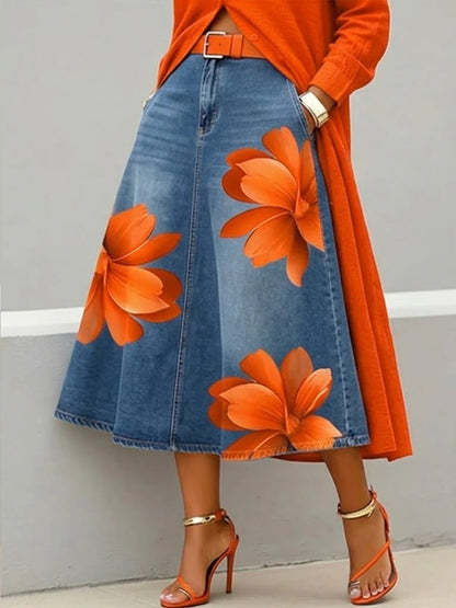 Floral Denim Midi Skirt