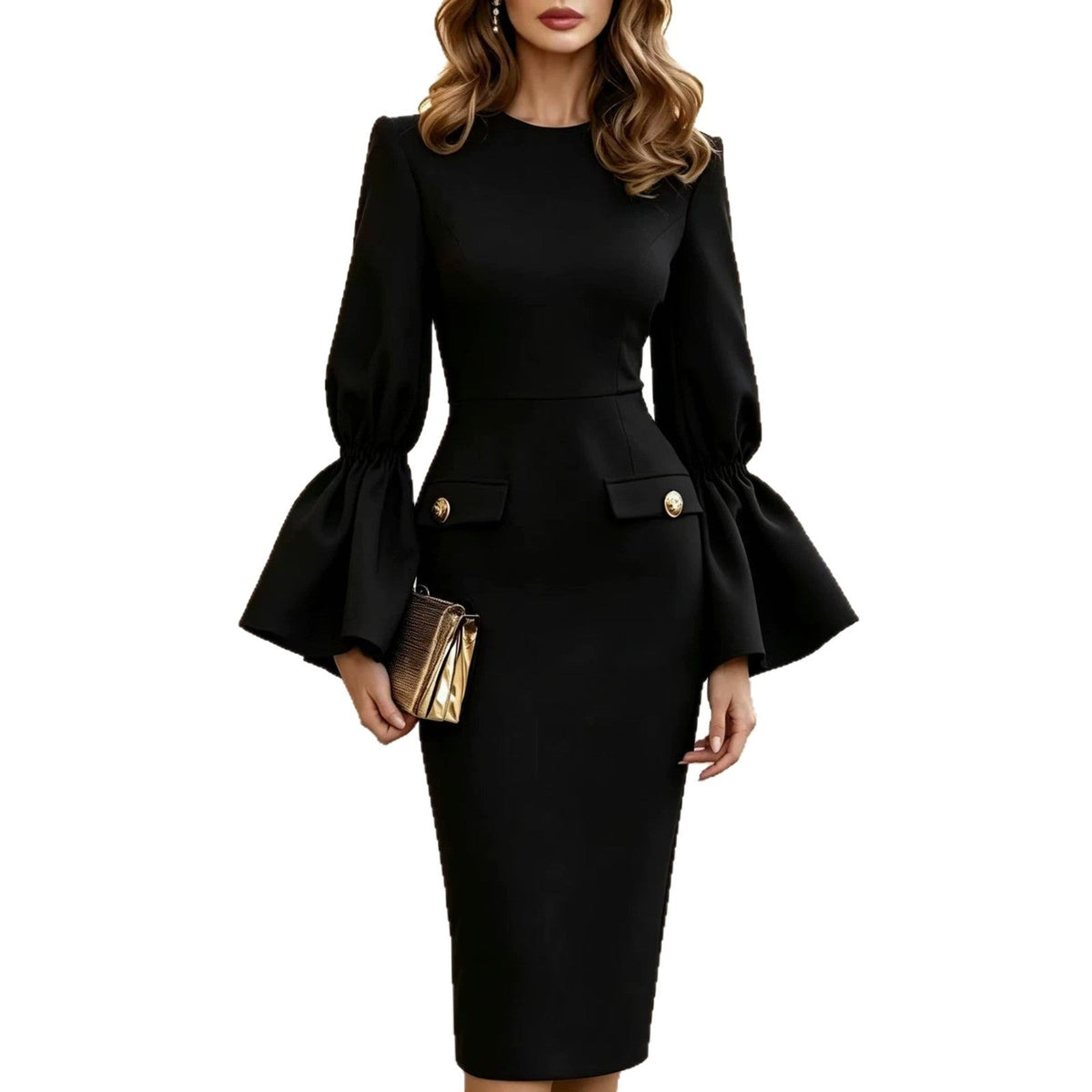 Women's Solid White Bell‑Sleeve Gold‑Button Pocket Pencil Midi Dress