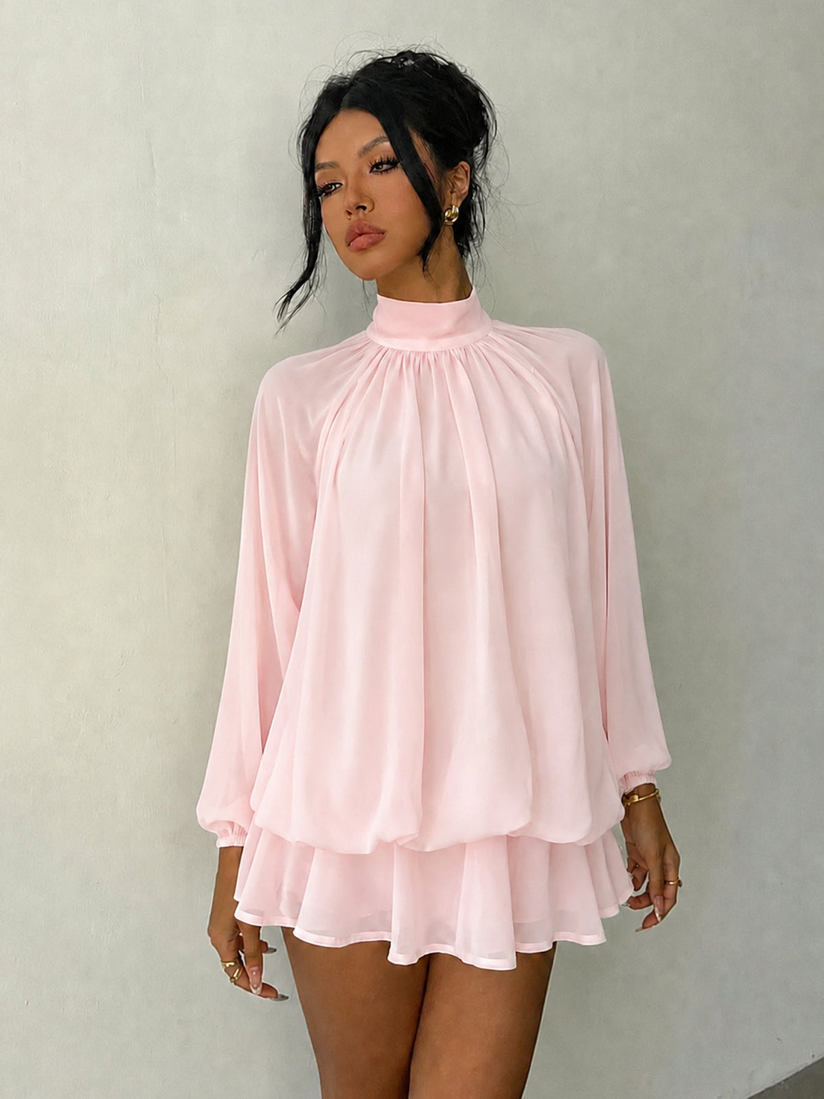 Mock Neck Long Sleeve Skort Dress Women Solid Ruffle Layer Hem Loose Casual Mini Dress - Pink / XS