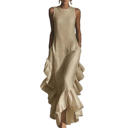 Robe longue maxi en lin sans manches à volants