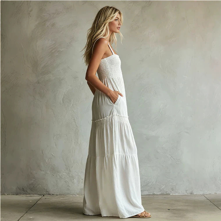 White Smocked Wide-Leg Jumpsuit