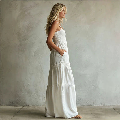 White Smocked Wide-Leg Jumpsuit