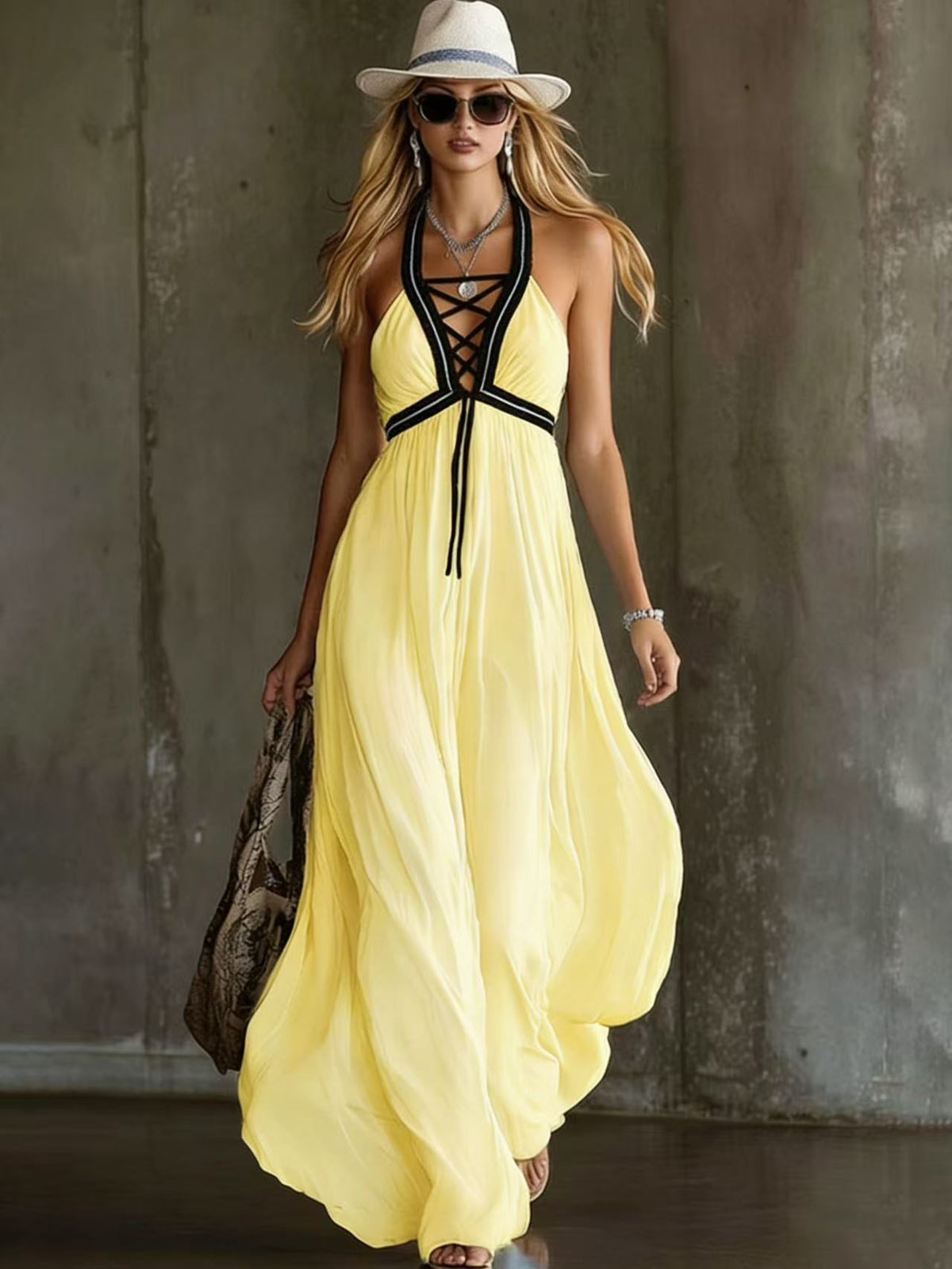 Light Blue Crisscross Halter Flowy Chiffon Maxi Dress