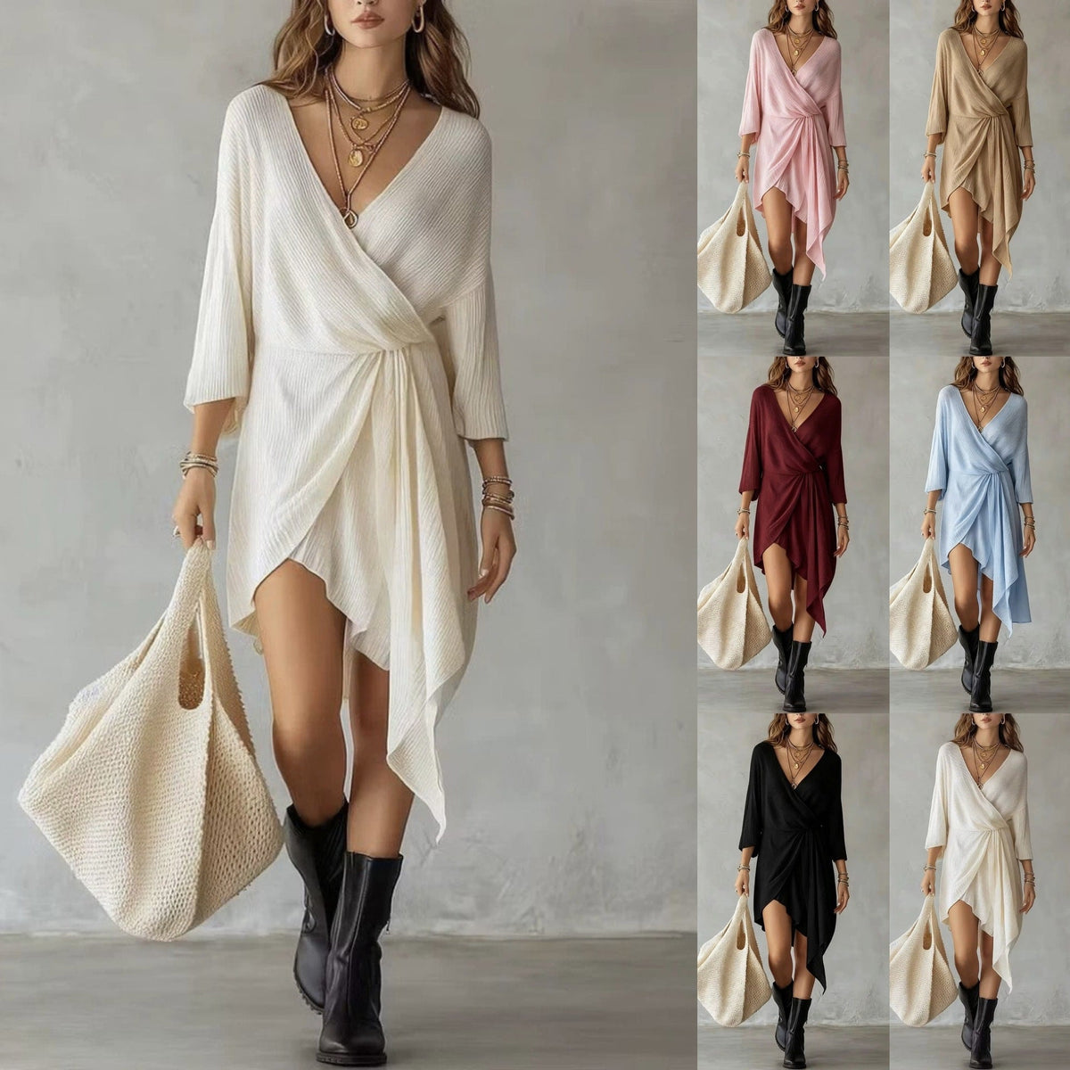 Cream Ribbed Knit Wrap‑Front Asymmetrical Mini Dress