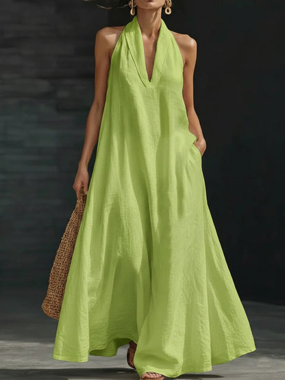 Robe longue élégante noire à col licou – Robe d'été décontractée ample en coton lin avec poches