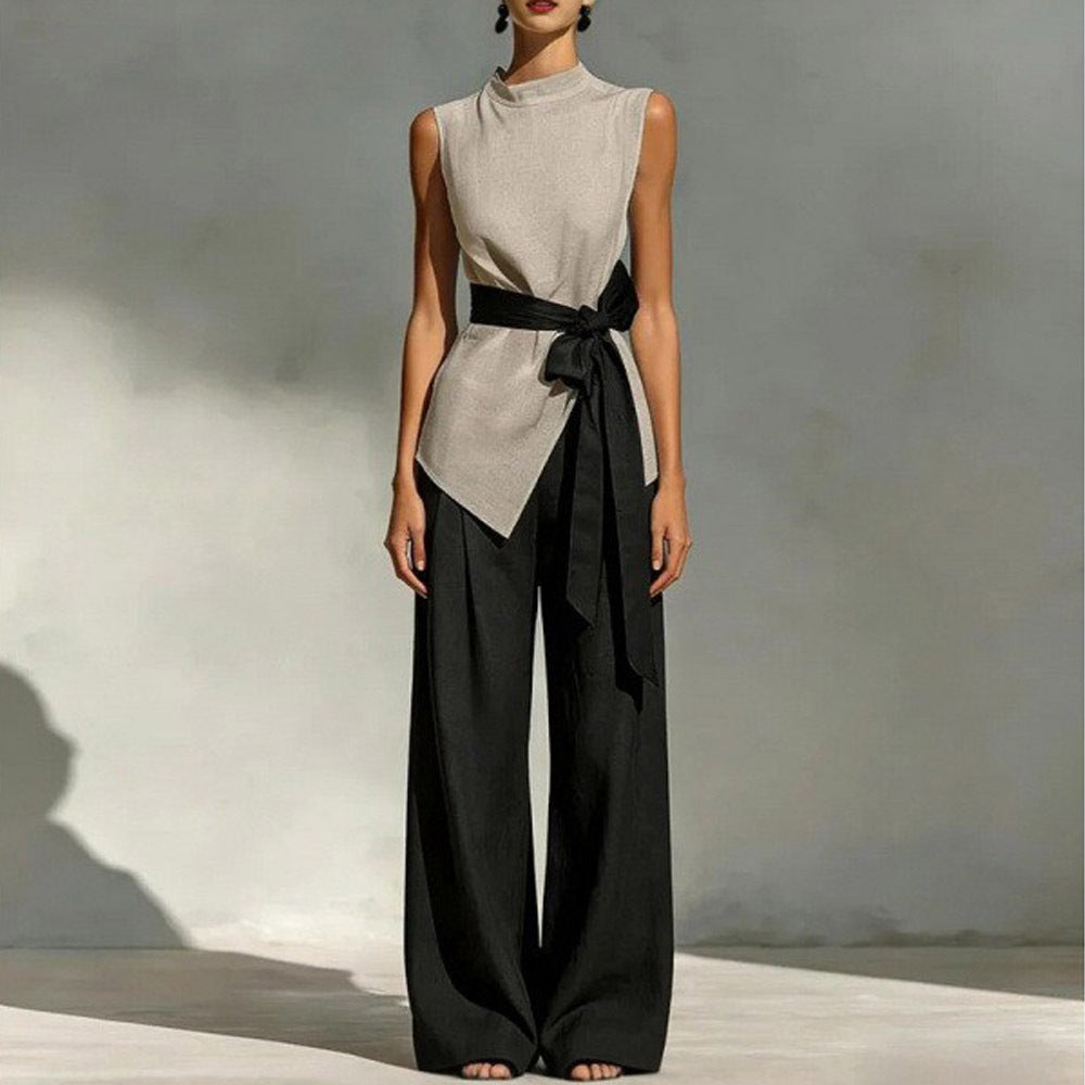 Ensemble deux‑pièces pour femme : haut sans manches à lacets à coloris contrastant + pantalon à jambes larges
