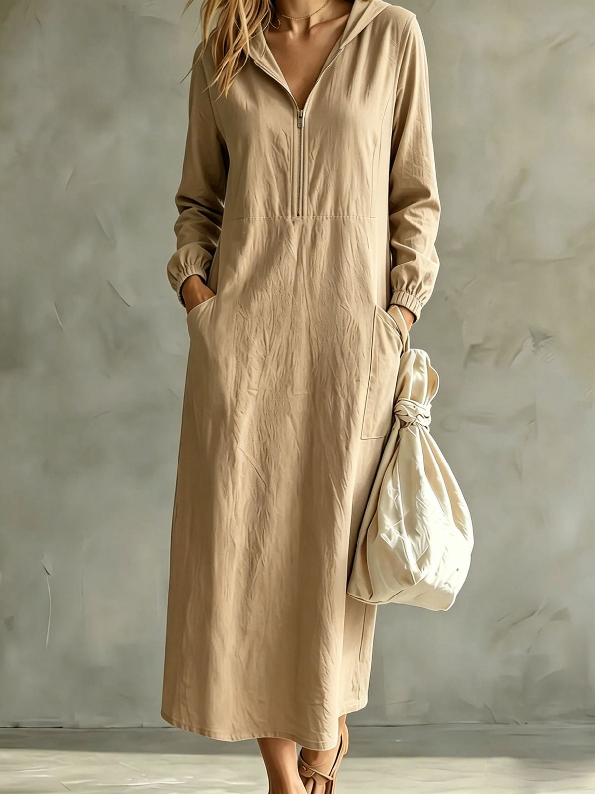 Hooded Zip-Neck Midi Dress