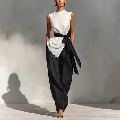 Ensemble deux‑pièces pour femme : haut sans manches à lacets à coloris contrastant + pantalon à jambes larges