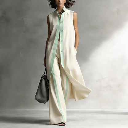 Contrast Sleeveless Tunic & Wide-Leg Pants Set Modern Sophistication, Effortless Tailored Style