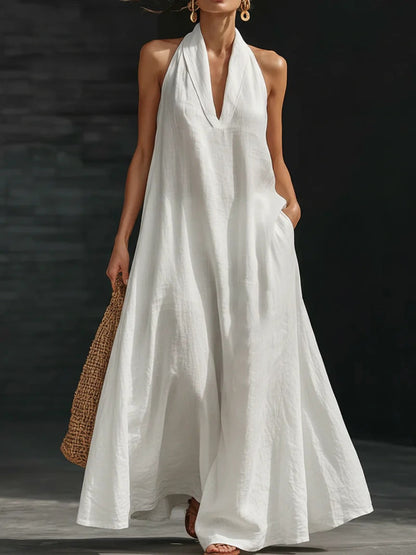 Robe longue élégante noire à col licou – Robe d'été décontractée ample en coton lin avec poches
