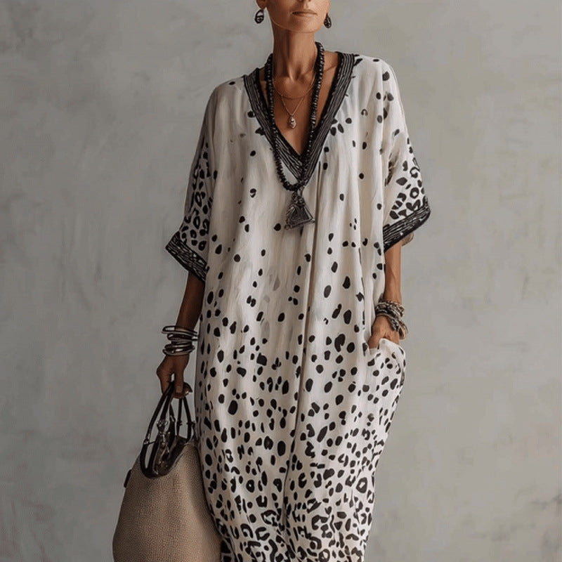 White Gradient Leopard Print Batwing Caftan Maxi Kaftan Dress