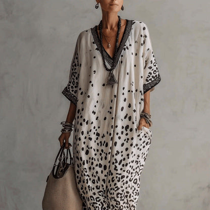 White Gradient Leopard Print Batwing Caftan Maxi Kaftan Dress