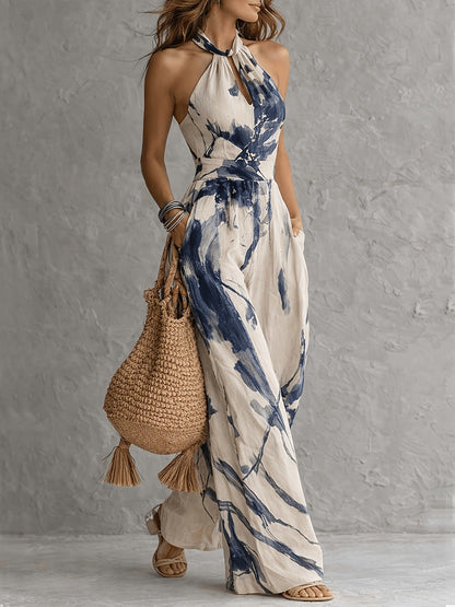 Halter Neck Ink‑Wash Floral Wide‑Leg Jumpsuit