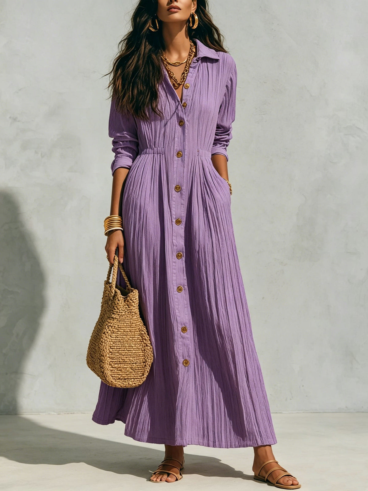 Oversized Crinkled Button Down Shirt Maxi Dress