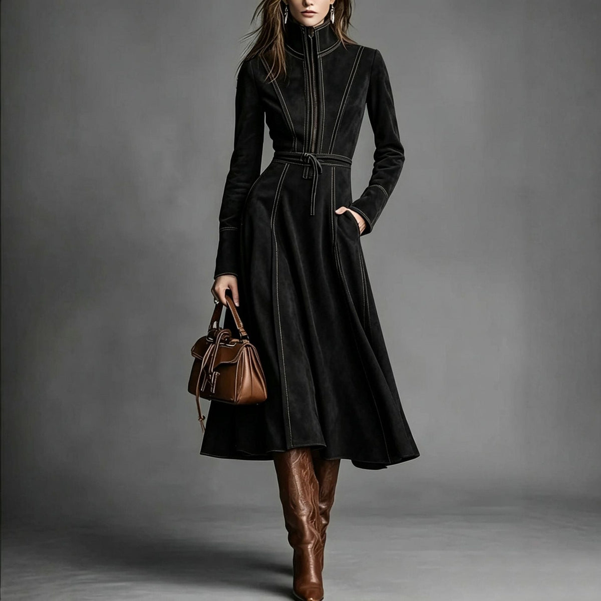 Women's Solid Brown Suede Zip‑Front Belted Long‑Sleeve Midi Dress