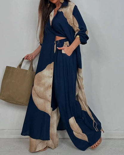 Women’s V-neck Patchwork Top and Pants Casual Set - Dark Blue / S - Matching Sets