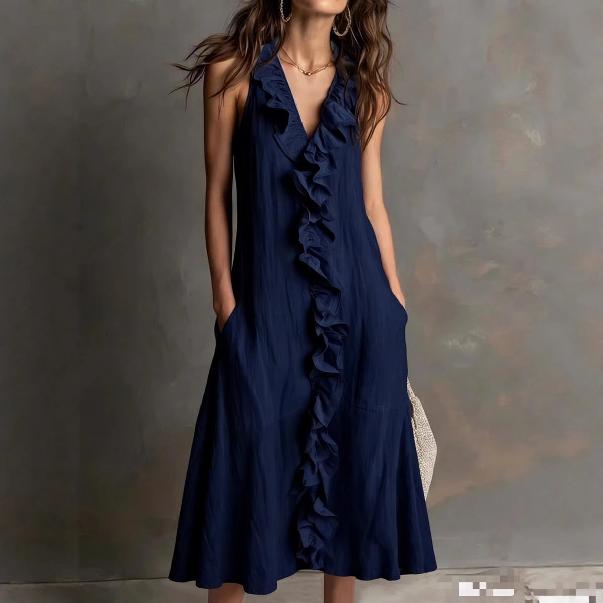 🌿 Ruffle V-Neck Sleeveless Midi Dress