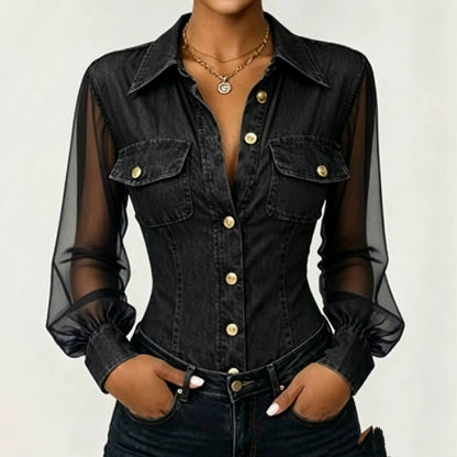 Sheer Mesh Sleeve Denim Blouse