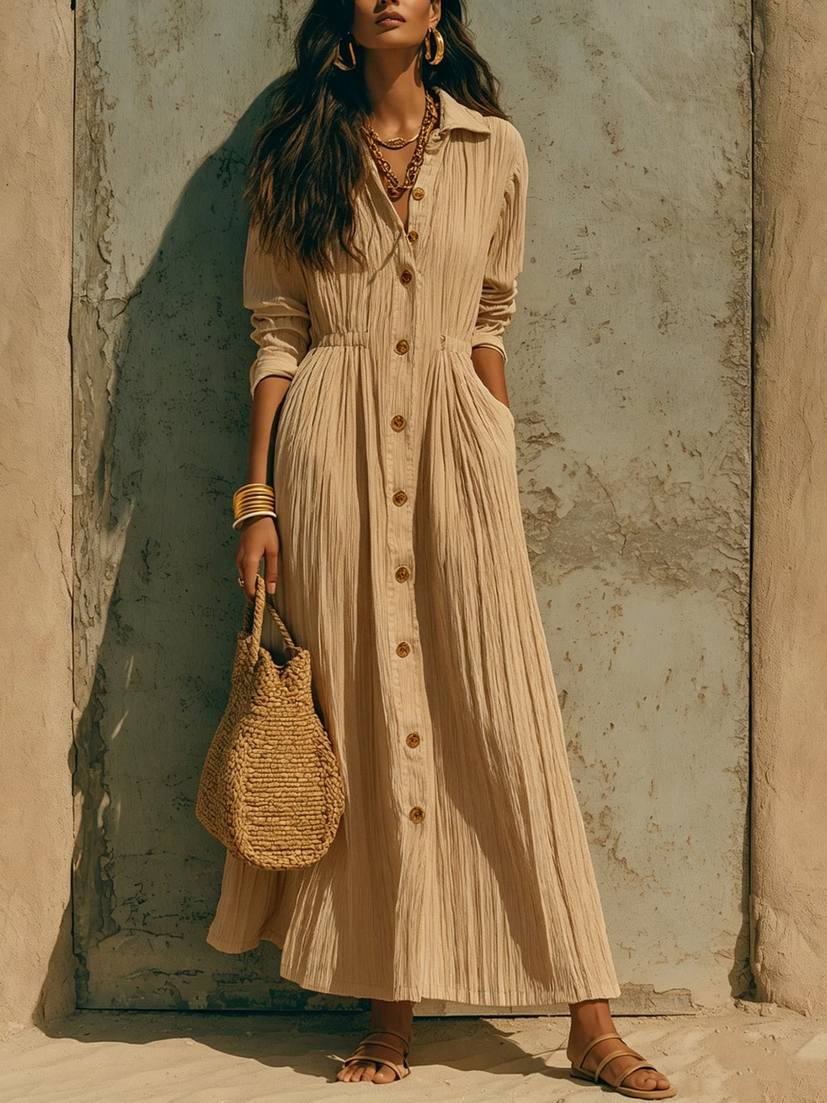 Oversized Crinkled Button Down Shirt Maxi Dress