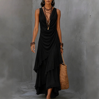 Sleeveless Draped V-Neck Asymmetrical Ruffle Maxi Dress
