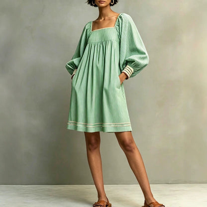 Striped Square Neck Balloon Sleeve Mini Dress