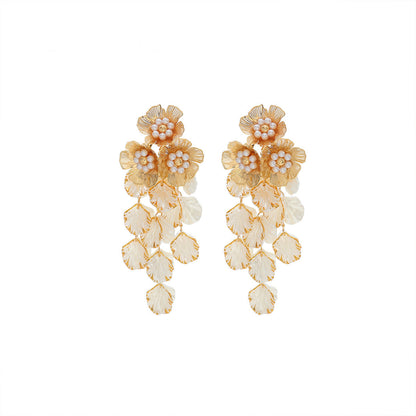 3D Floral Pearl Tassel Drop Earrings Vintage Gold Plated White Petal Wedding Statement Dangle Earrings - Gold