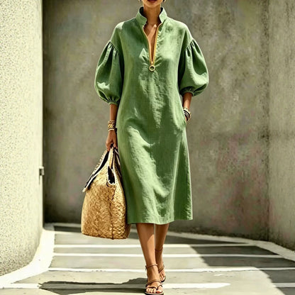 Stand Collar Half Zip Puff Sleeve Linen Blend Midi Dress, Loose Pocket Casual Vacation Long Dress