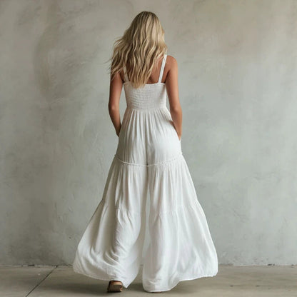 White Smocked Wide-Leg Jumpsuit